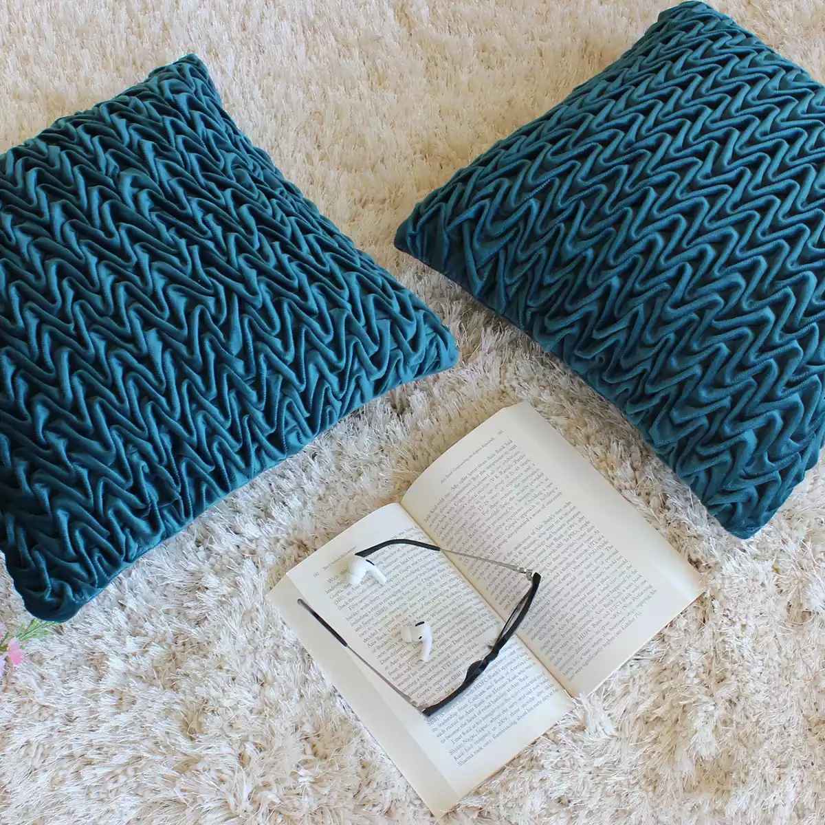 Corded Wavy Suede Teal Blue Cushion Cover