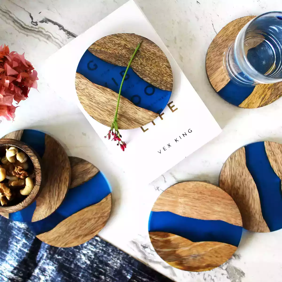 Circle Blue Wood Coaster ( Set of 6 )