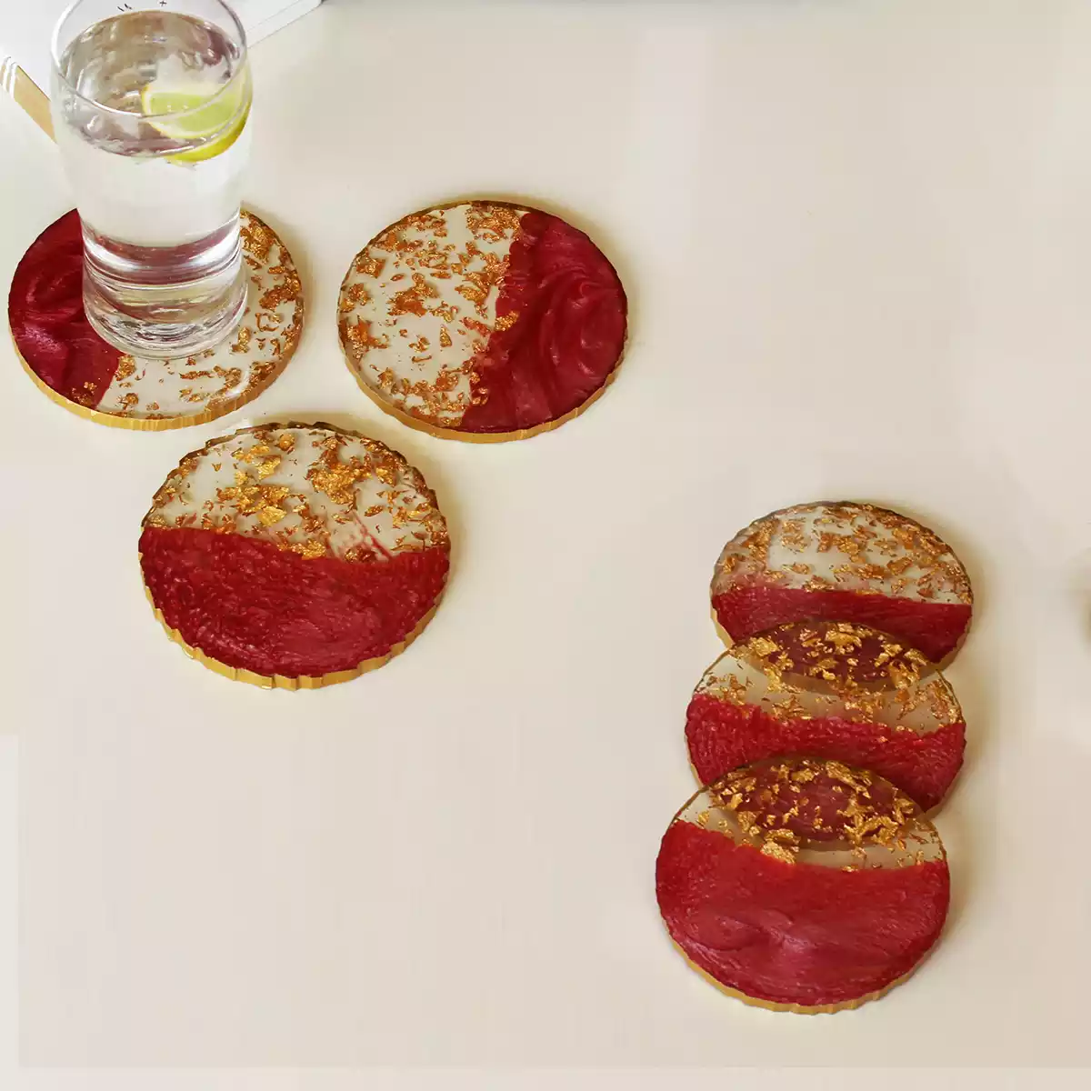 Round Crimson Red Transy Resin Coaster ( Set of 6 )