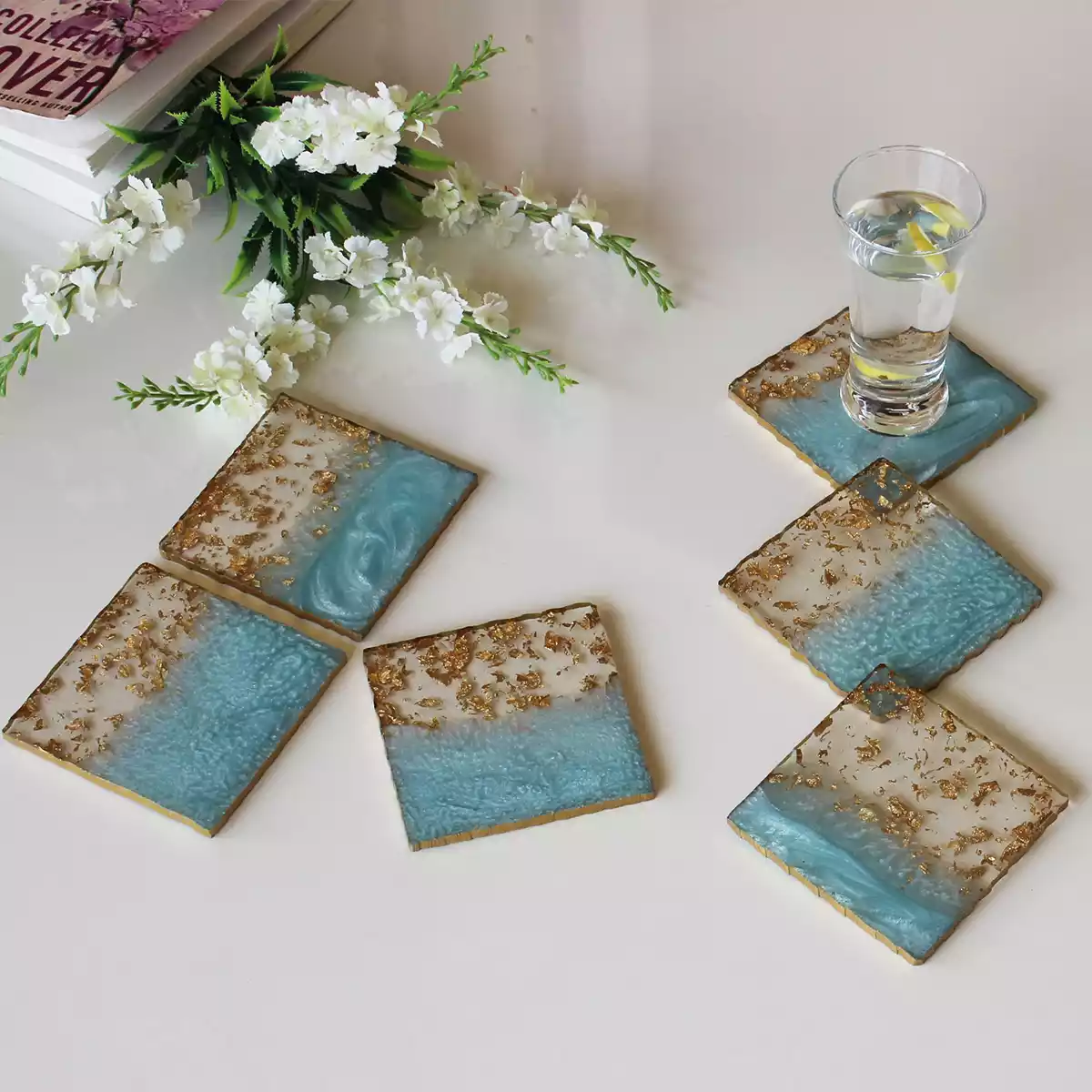 Square Cyan Blue Transy Resin Coaster