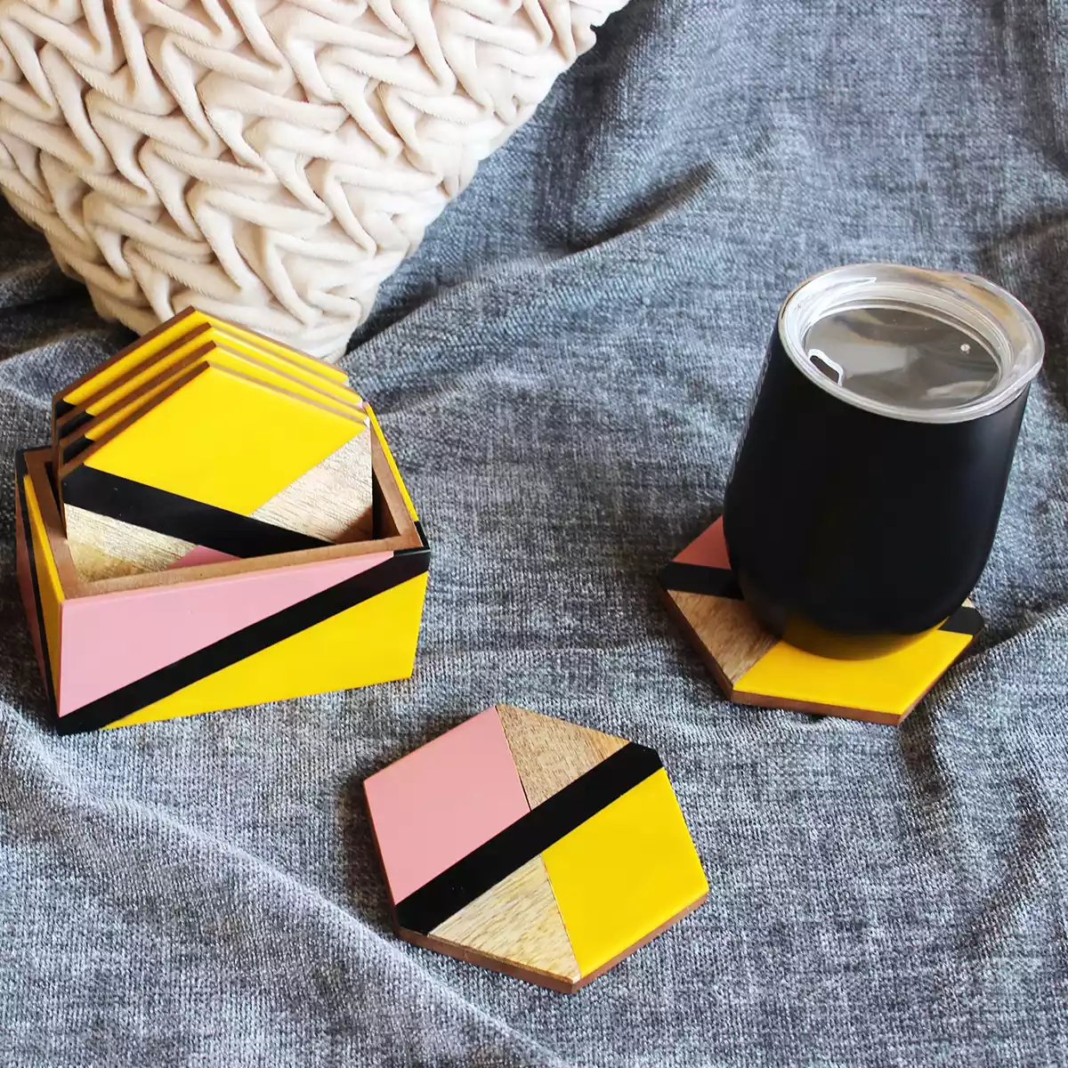 Hexagon Blush Pink with Vibrant Yellow set of 6 Coaster with Holder