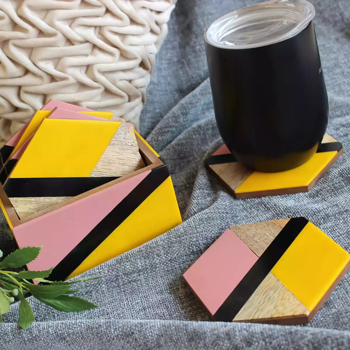 Hexagon Blush Pink with Vibrant Yellow set of 6 Coaster with Holder