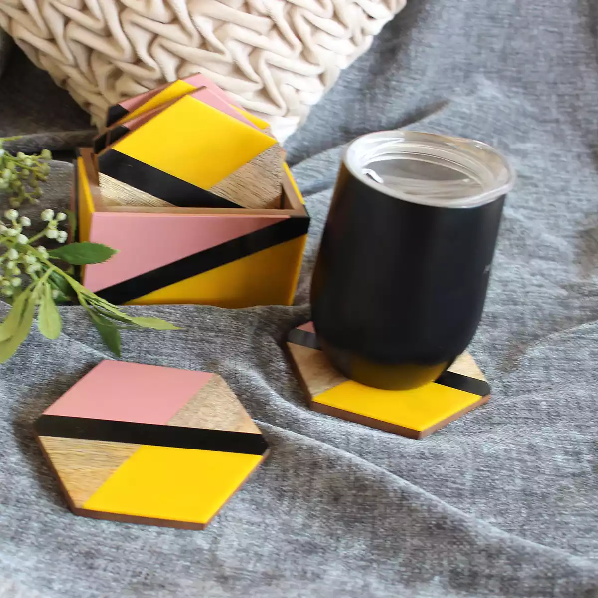 Hexagon Blush Pink with Vibrant Yellow set of 6 Coaster with Holder