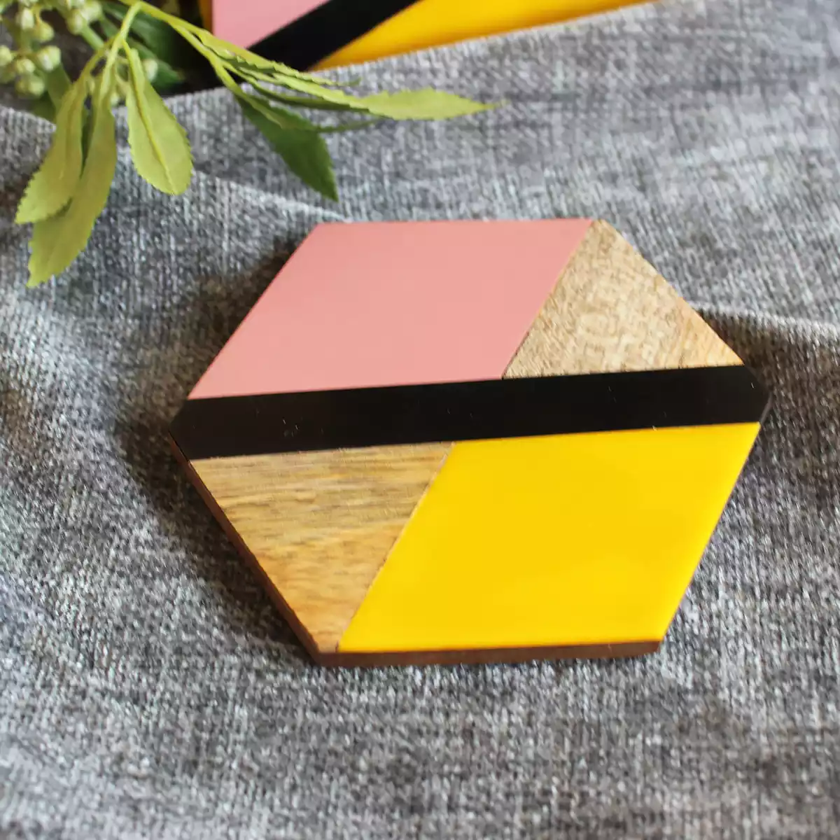 Hexagon Blush Pink with Vibrant Yellow set of 6 Coaster with Holder
