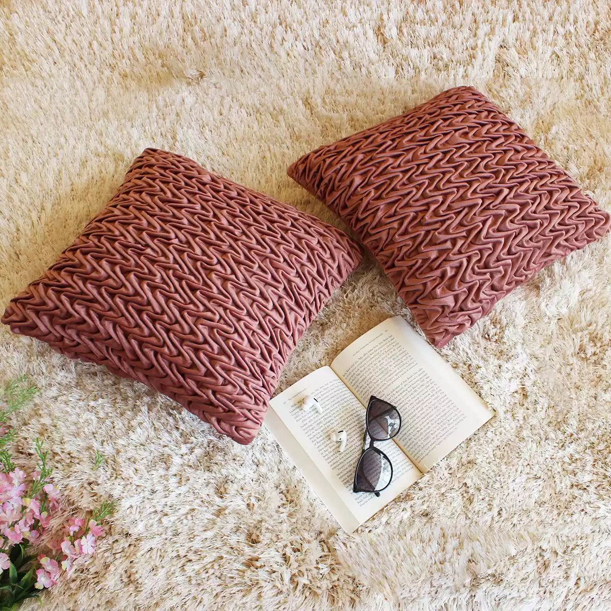 Corded Wavy Suede Rusty Pink Cushion Cover