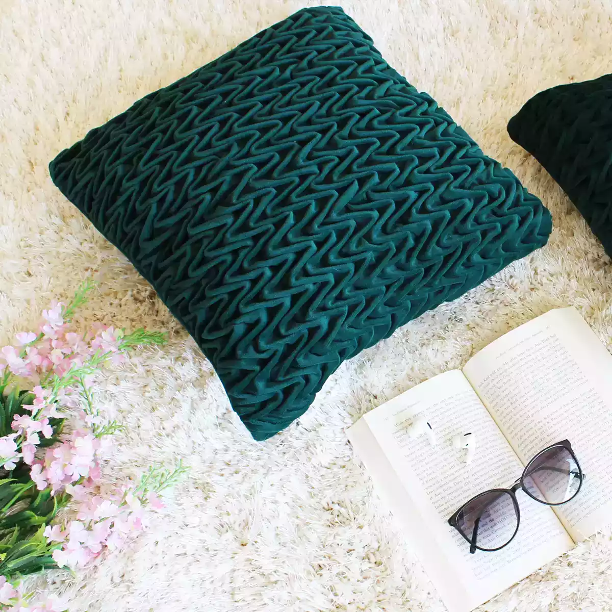 Corded Wavy Suede Emerald Green Cushion Cover