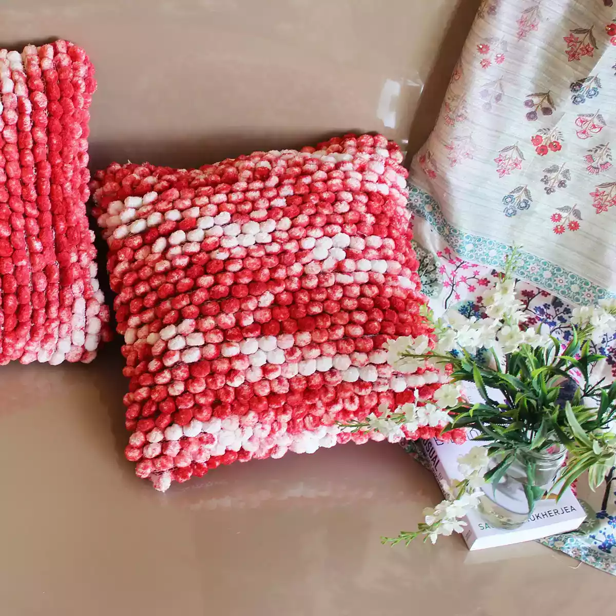 BOHO POM POM Red Velvet Cushion Cover