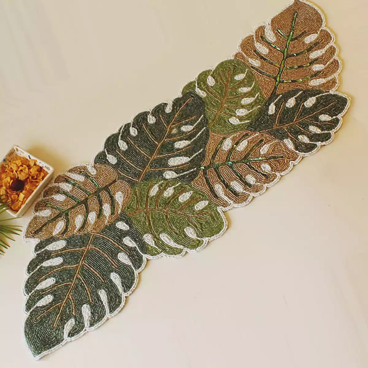 Tropical Green Leaf Beaded Runner