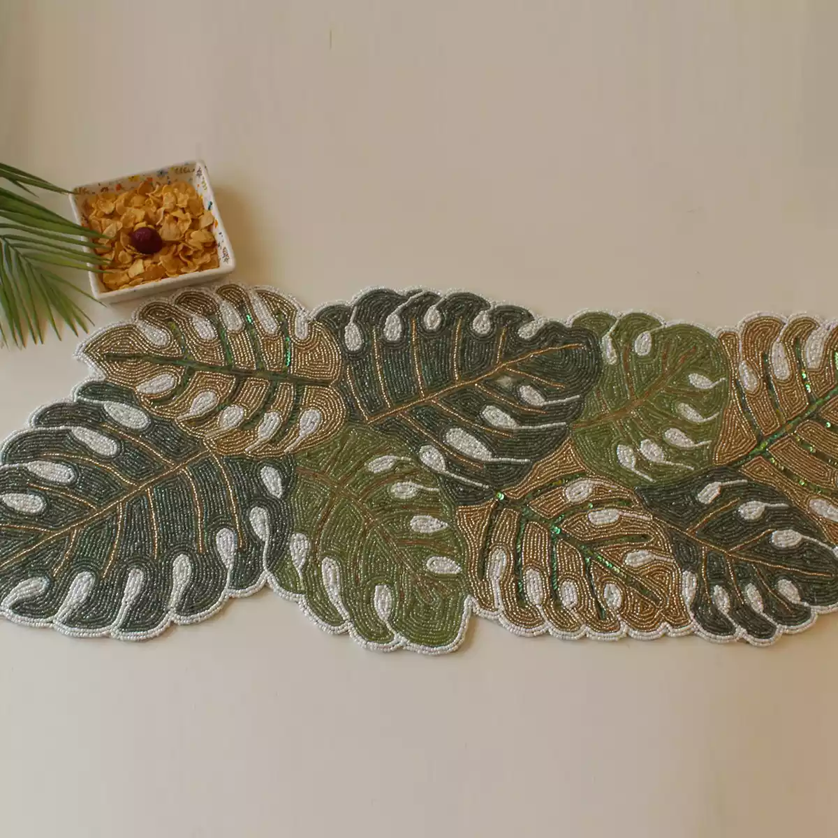 Tropical Green Leaf Beaded Runner