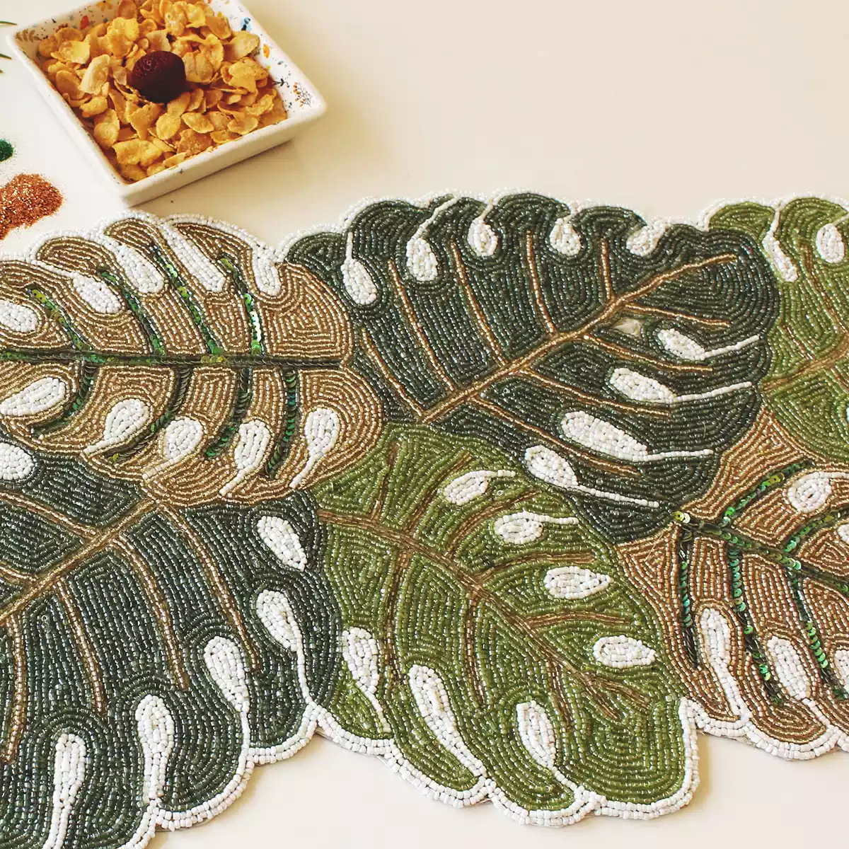 Tropical Green Leaf Beaded Runner