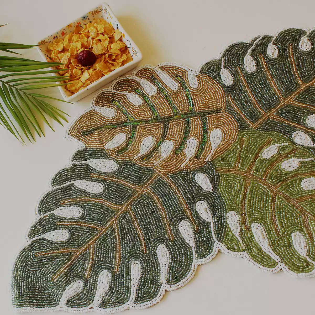 Tropical Green Leaf Beaded Runner