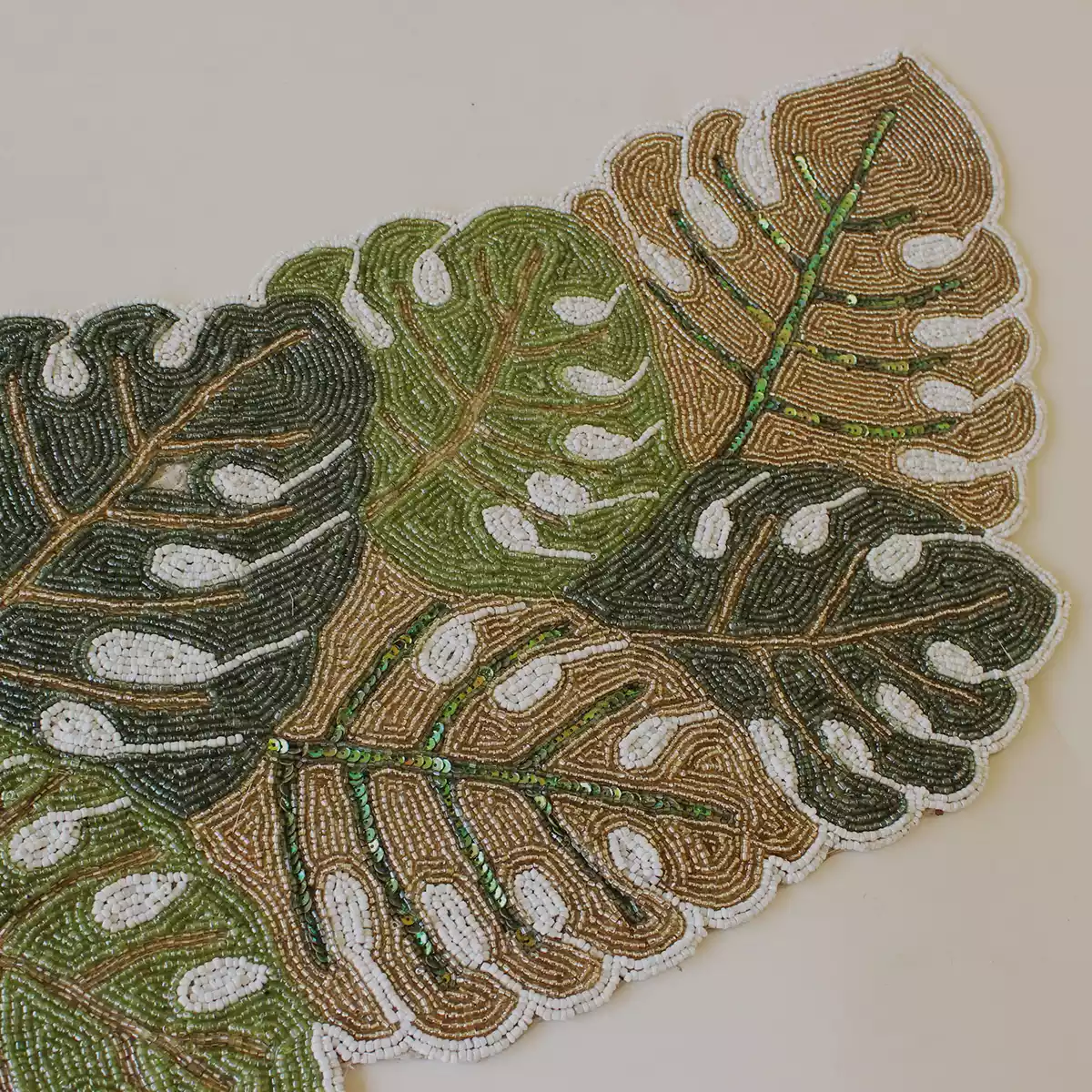 Tropical Green Leaf Beaded Runner