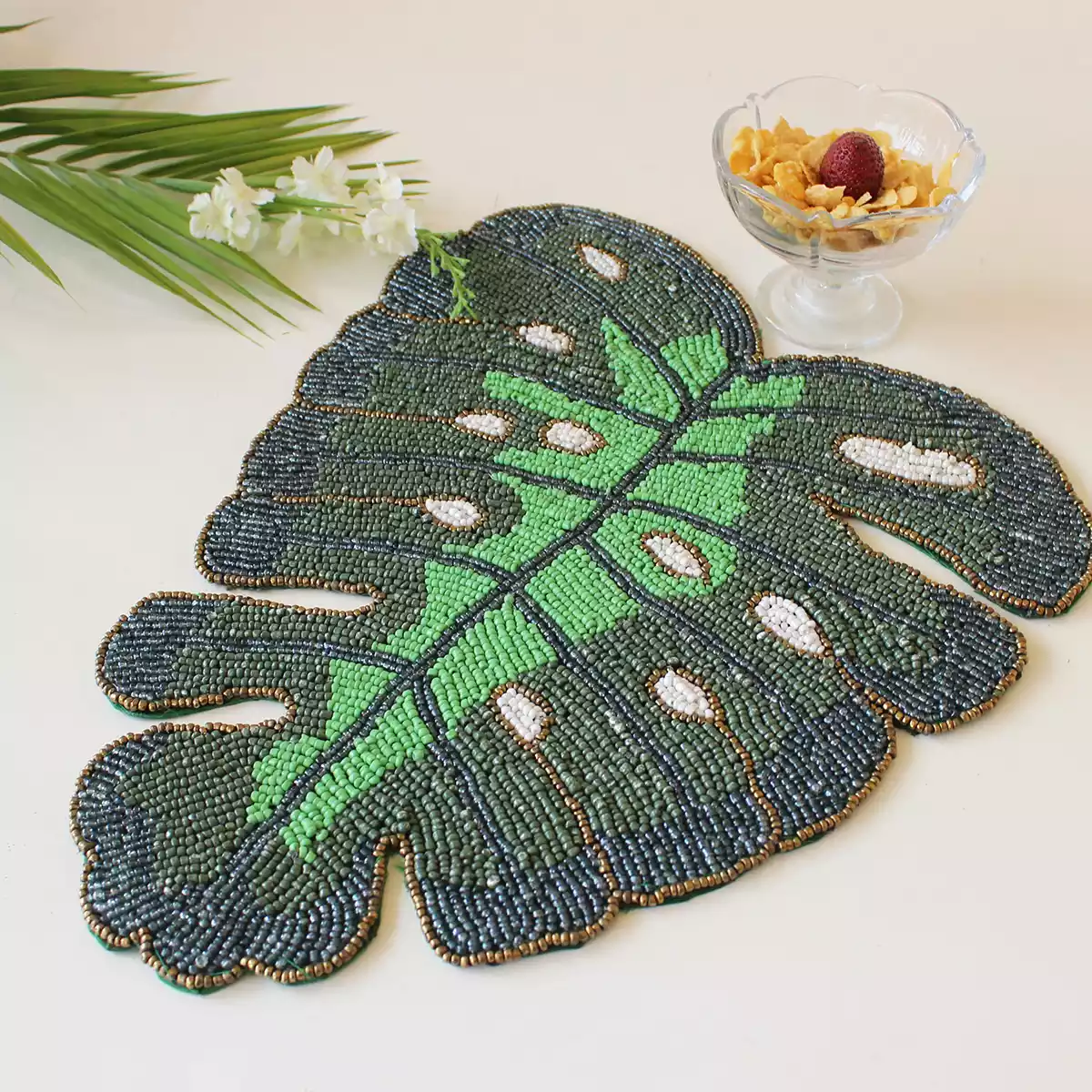 Tropical Green Leaf Beaded Mat