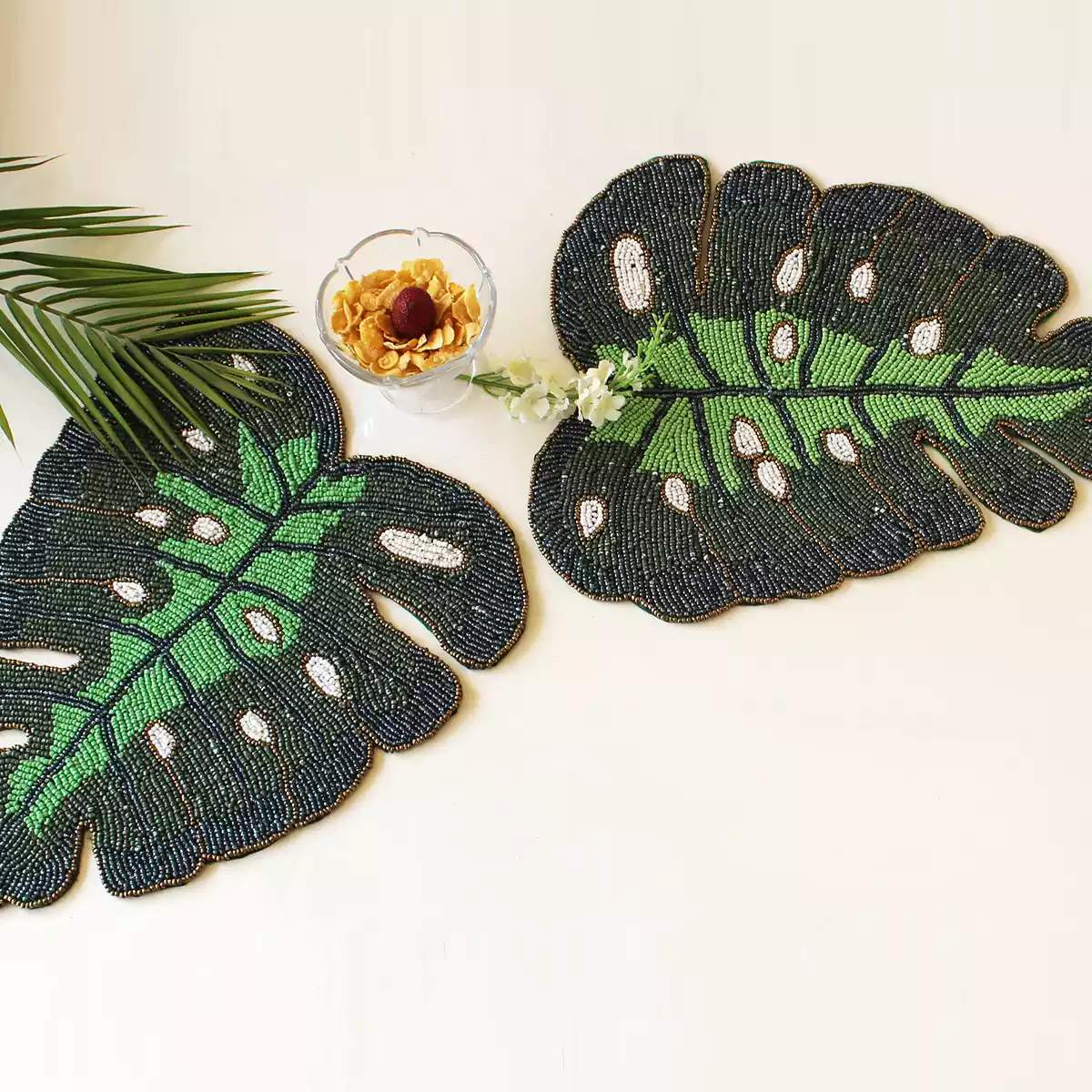 Tropical Green Leaf Beaded Mat