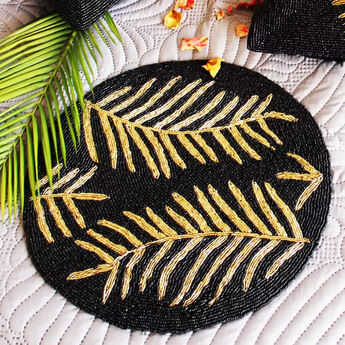 Black Vintage Feather Beaded Mat