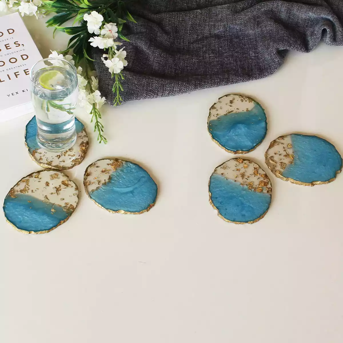 Oval Aqua Blue Transy Resin Coaster set of 6