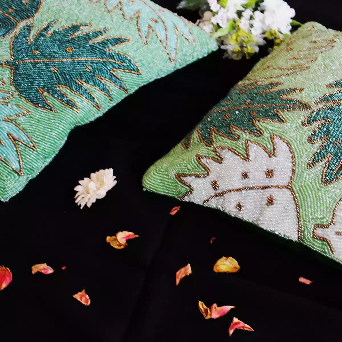 Tropical Green Leaf Beaded Cushion Cover