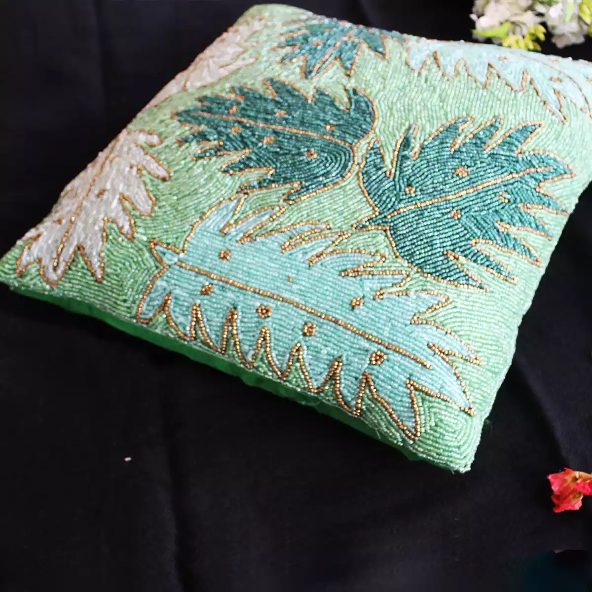 Tropical Green Leaf Beaded Cushion Cover