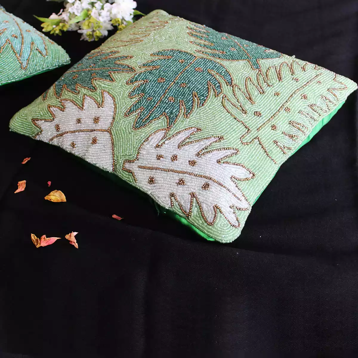 Tropical Green Leaf Beaded Cushion Cover