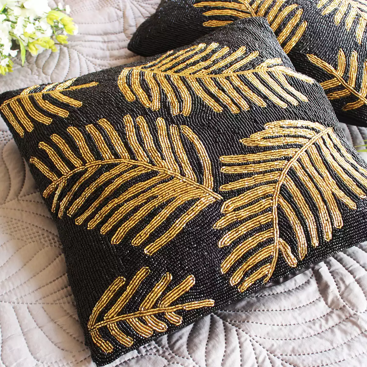 Black Vintage Feather Beaded Cushion Cover