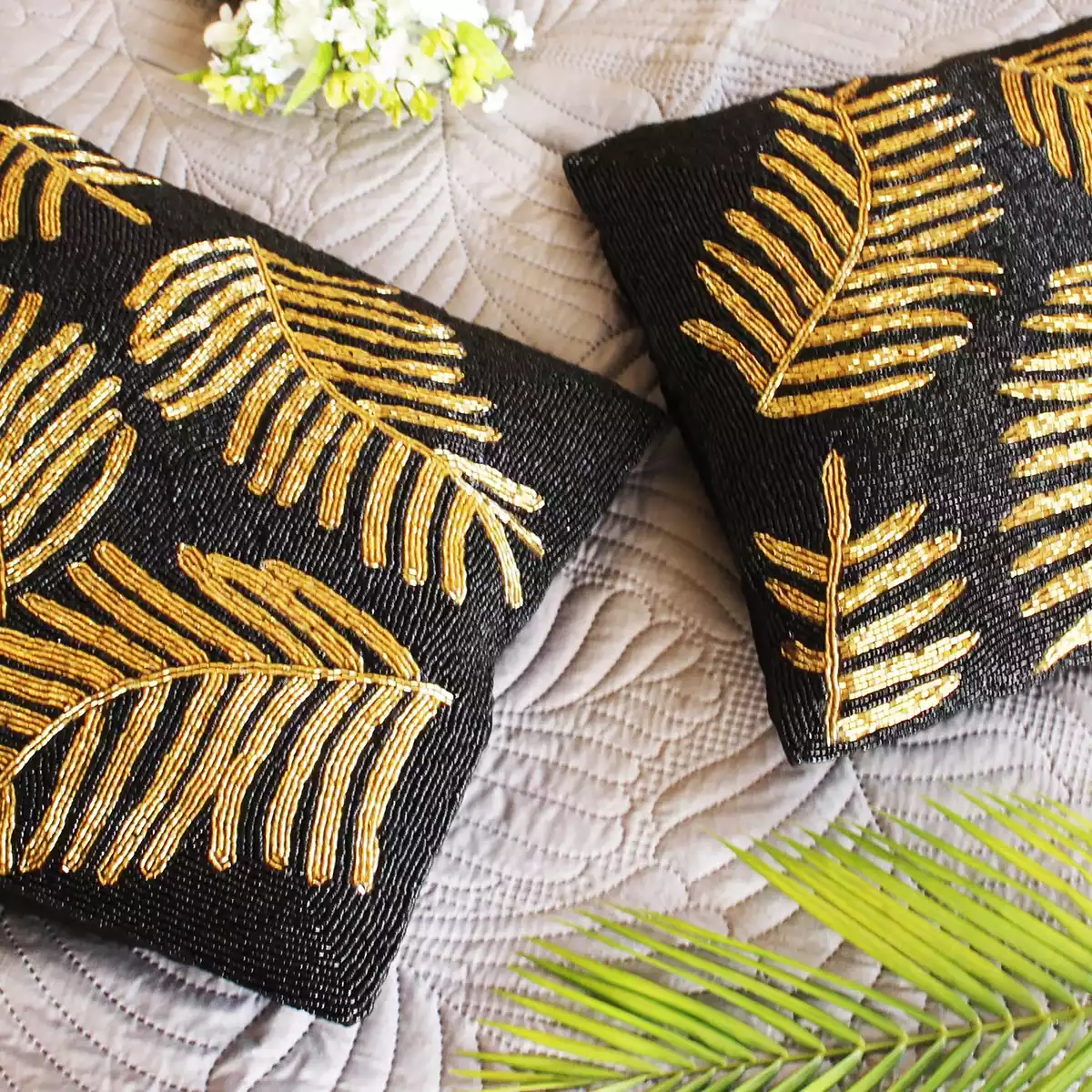 Black Vintage Feather Beaded Cushion Cover