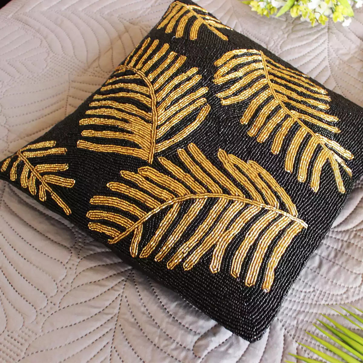 Black Vintage Feather Beaded Cushion Cover