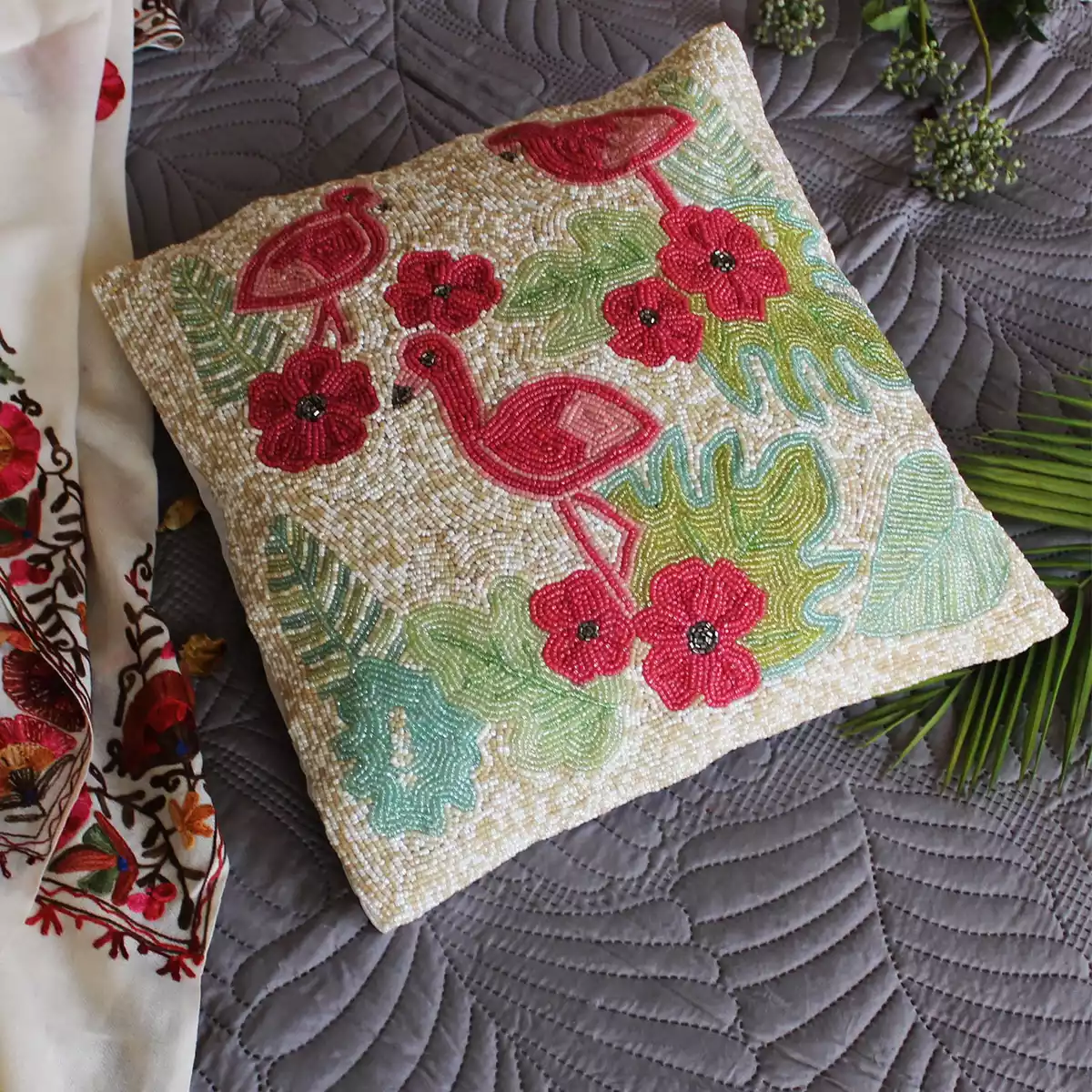Harmony with Flamingo Beaded Cushion Cover