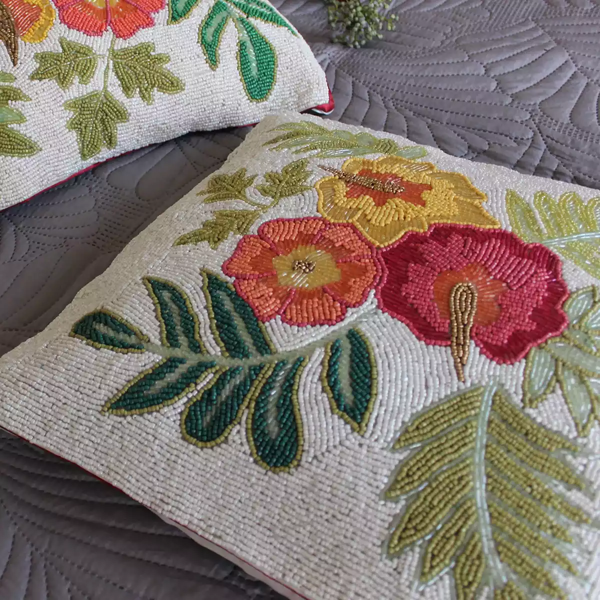 Floral Glore Coloured Beaded Cushion Cover