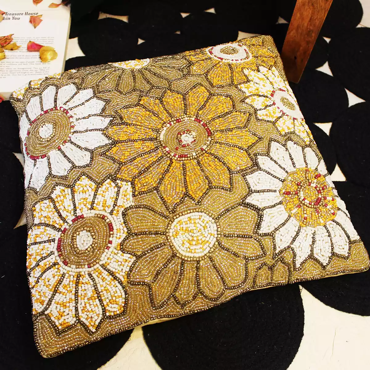 Sunflower Hue of Yellow Beaded Cushion Cover