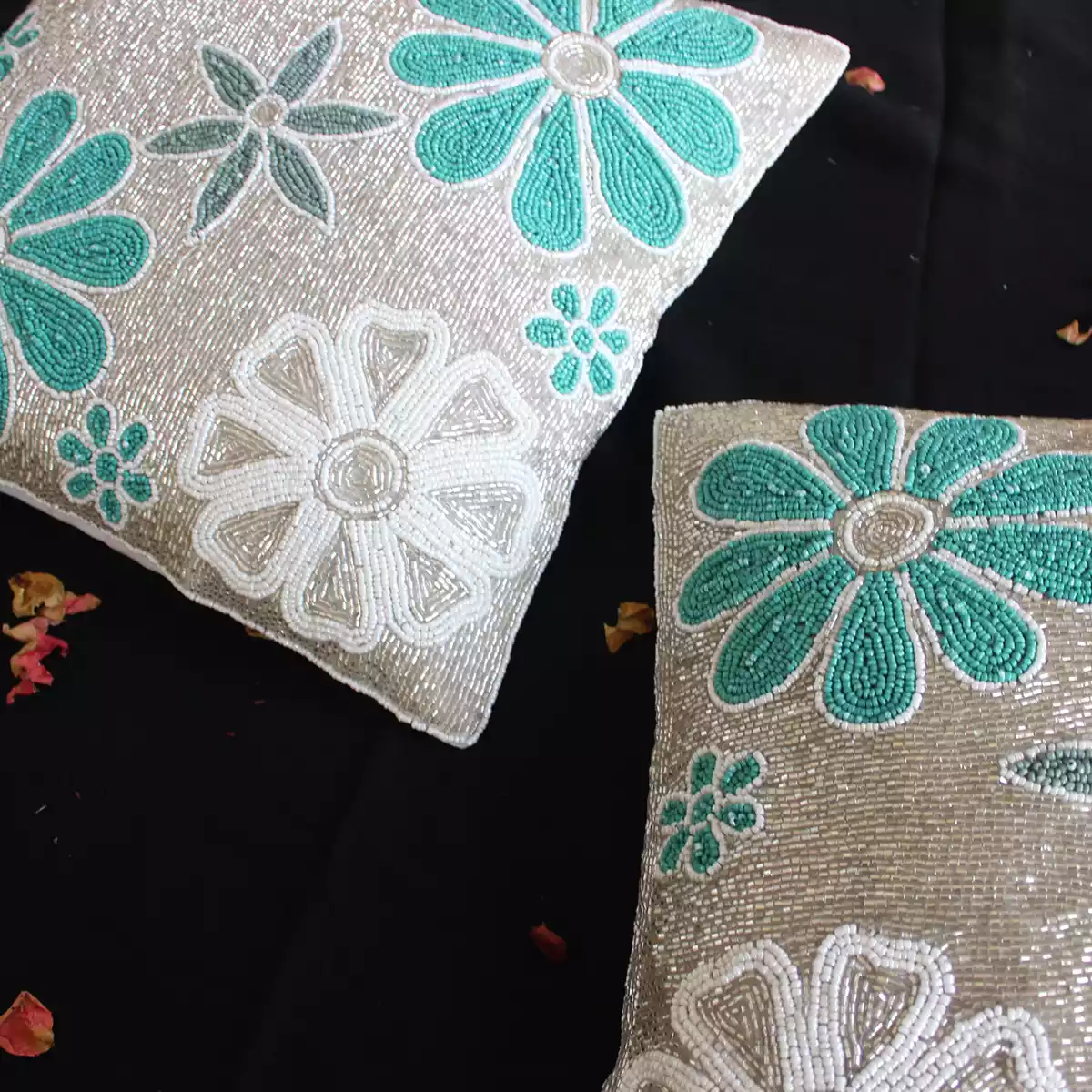 Spring Bloom Floral Beaded Cushion Cover
