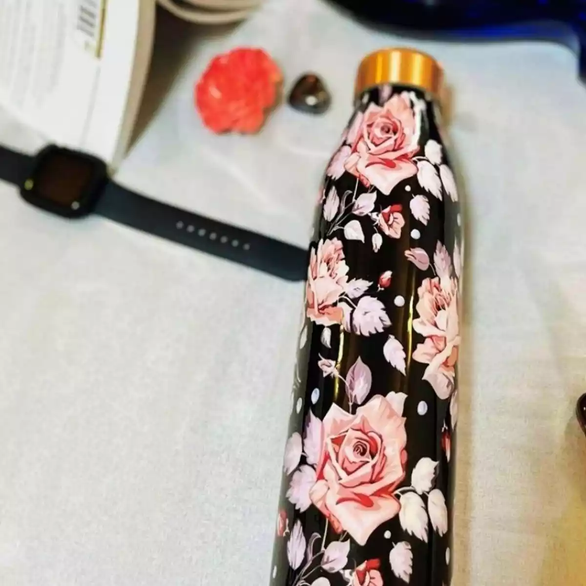 Black Floral Mina Copper Bottle