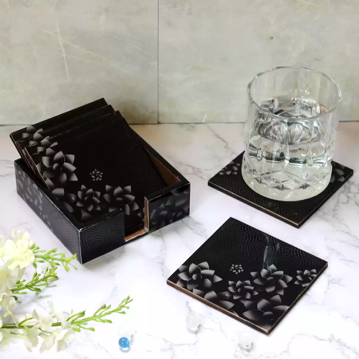 Midnight Blossom -Coasters Set of 6 with Holder