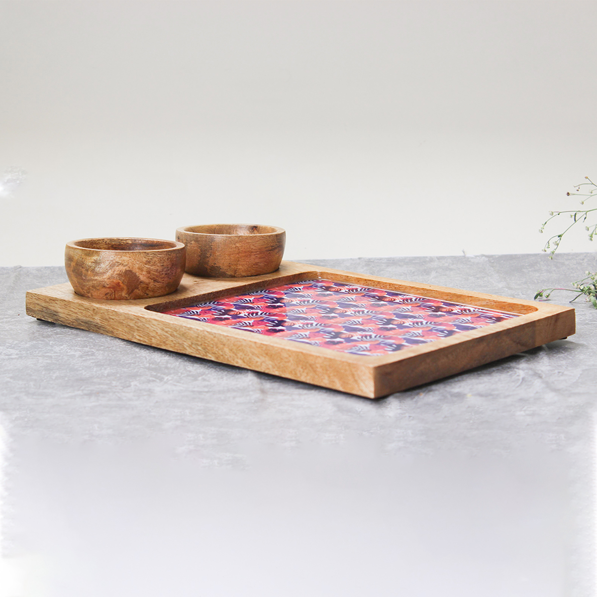 Exotic Berry Blossoms Mangowood Platter with 2 Bowls