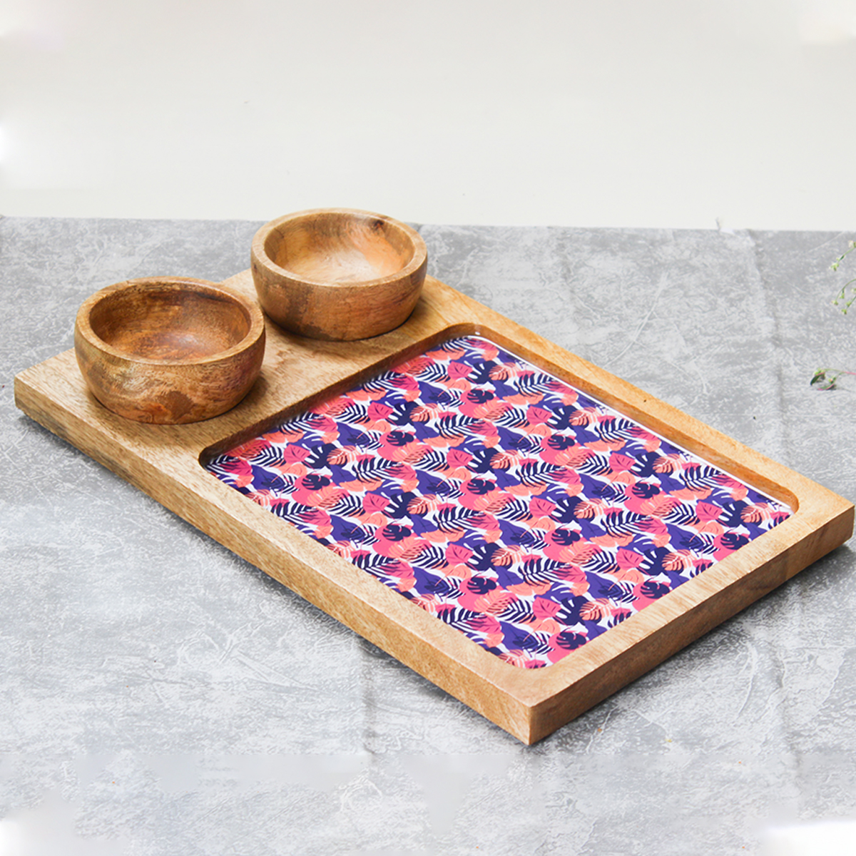 Exotic Berry Blossoms Mangowood Platter with 2 Bowls