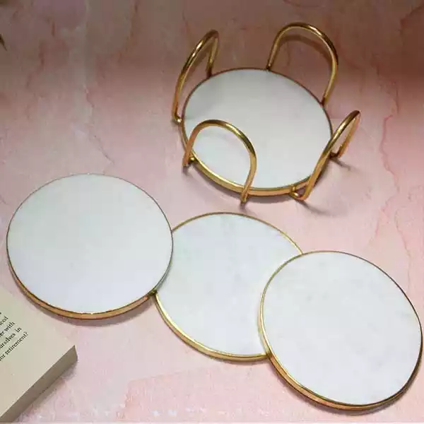 White Marble Coaster Set  with Brass Rim (Pack of 6)