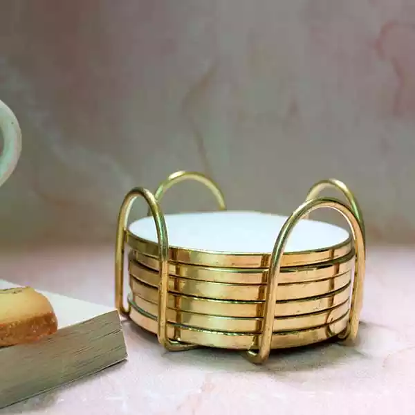 White Marble Coaster Set  with Brass Rim (Pack of 6)