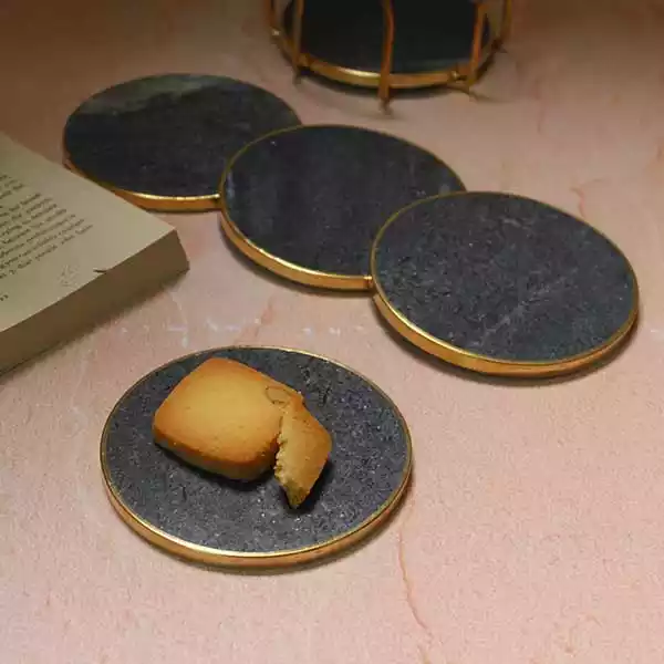 Grey Marble Coaster Set with Brass Rim (Set of 6)
