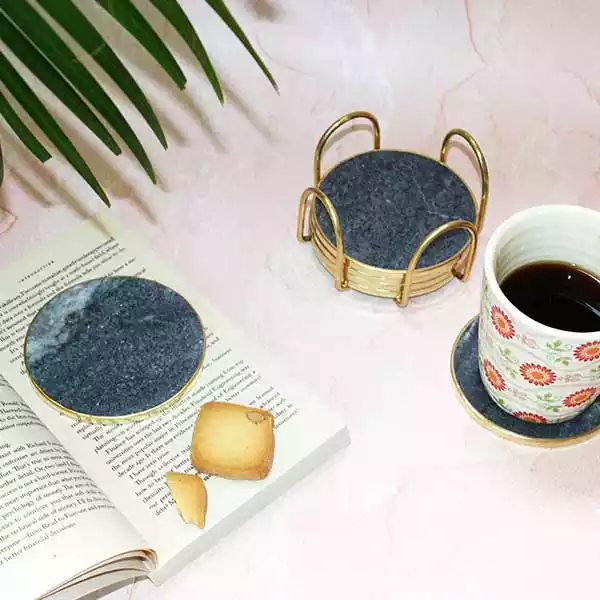 Grey Marble Coaster Set with Brass Rim (Set of 6)