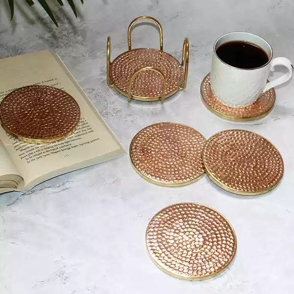 Antique Copper Coaster Set with Brass Rim (Set of 6 with Holder)