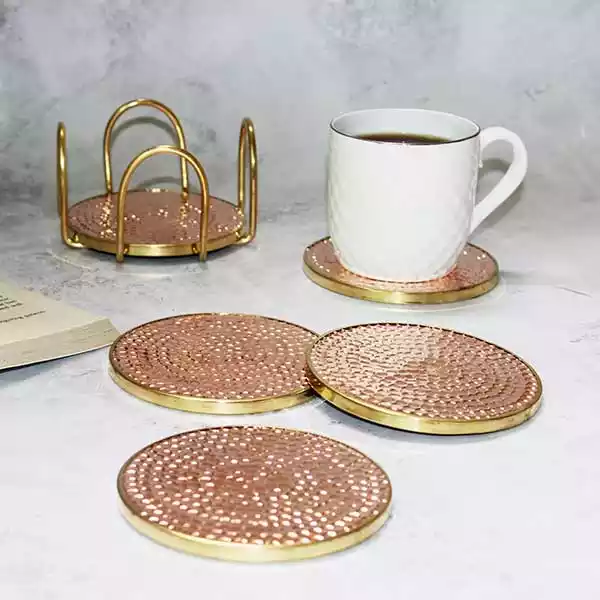 Antique Copper Coaster Set with Brass Rim (Set of 6 with Holder)