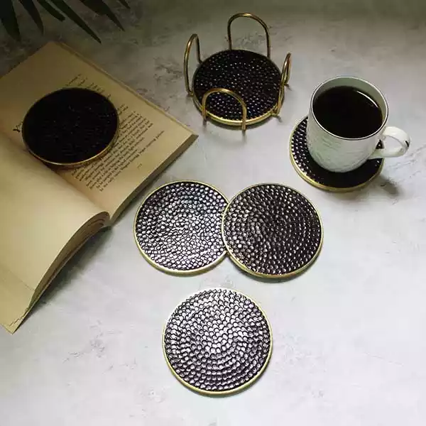 Antique Brass Coaster Set with Brass Rim (Set of 6 with Holder)