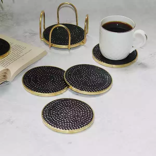 Antique Brass Coaster Set with Brass Rim (Set of 6 with Holder)