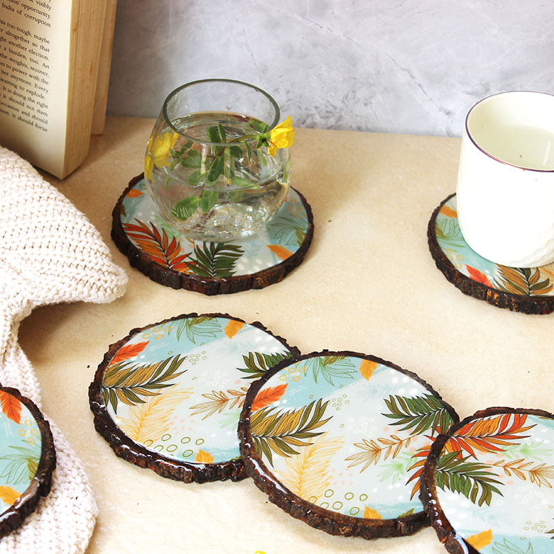 Summer Blossoms Mangowood Coaster ( Set of 6 with Holder)