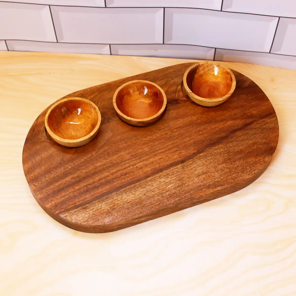 Oval Wood Platter with 3 Bowls