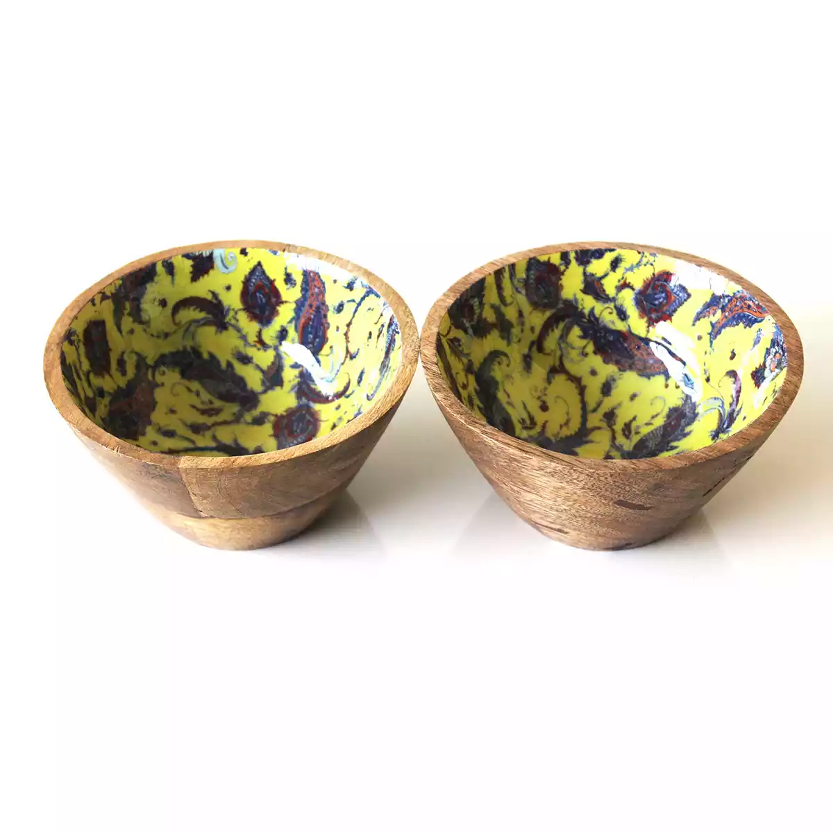 Vibrant Yellow Printed Mango Wood Serving Bowl (Set of 2)