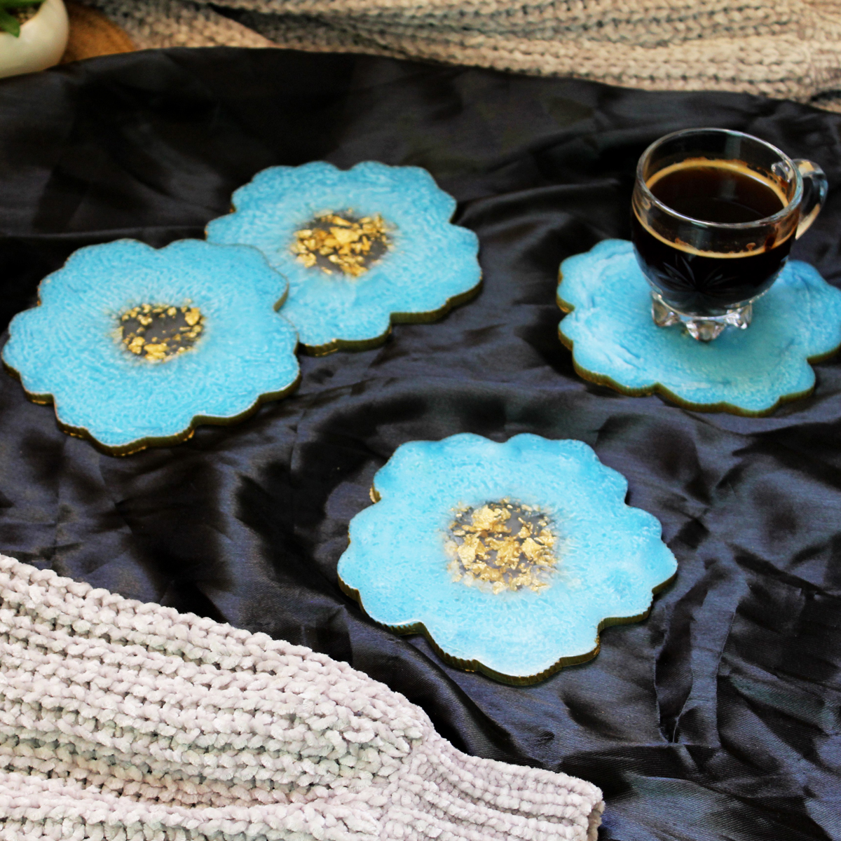 Baby Sky Blue & Gold Flower Shaped Coasters (Set of 2)