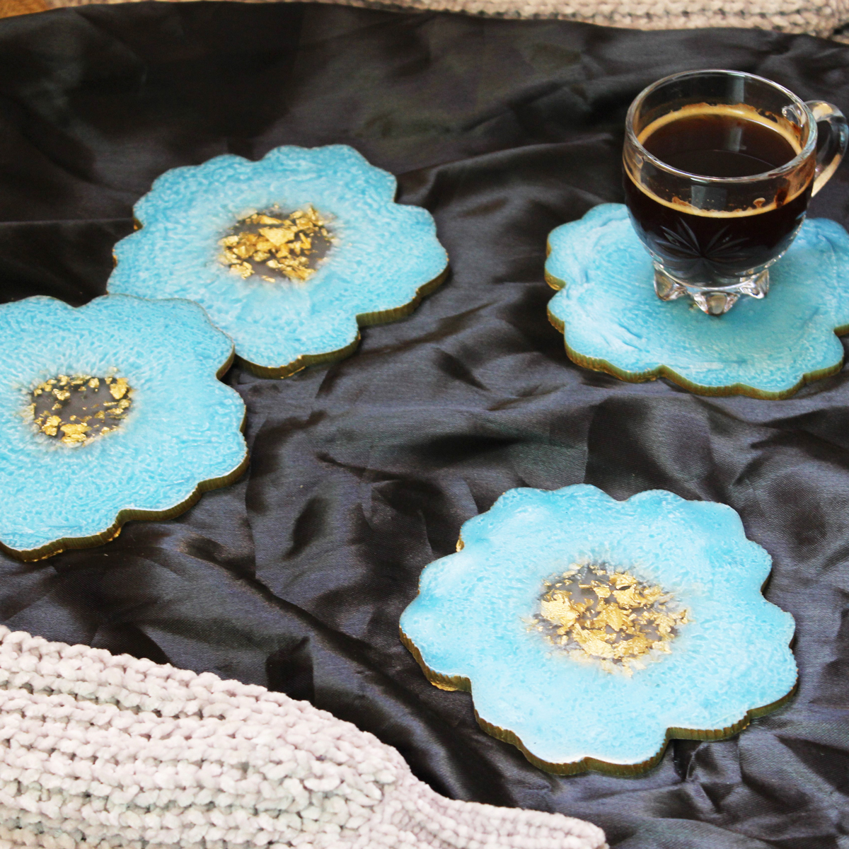 Baby Sky Blue & Gold Flower Shaped Coasters (Set of 2)