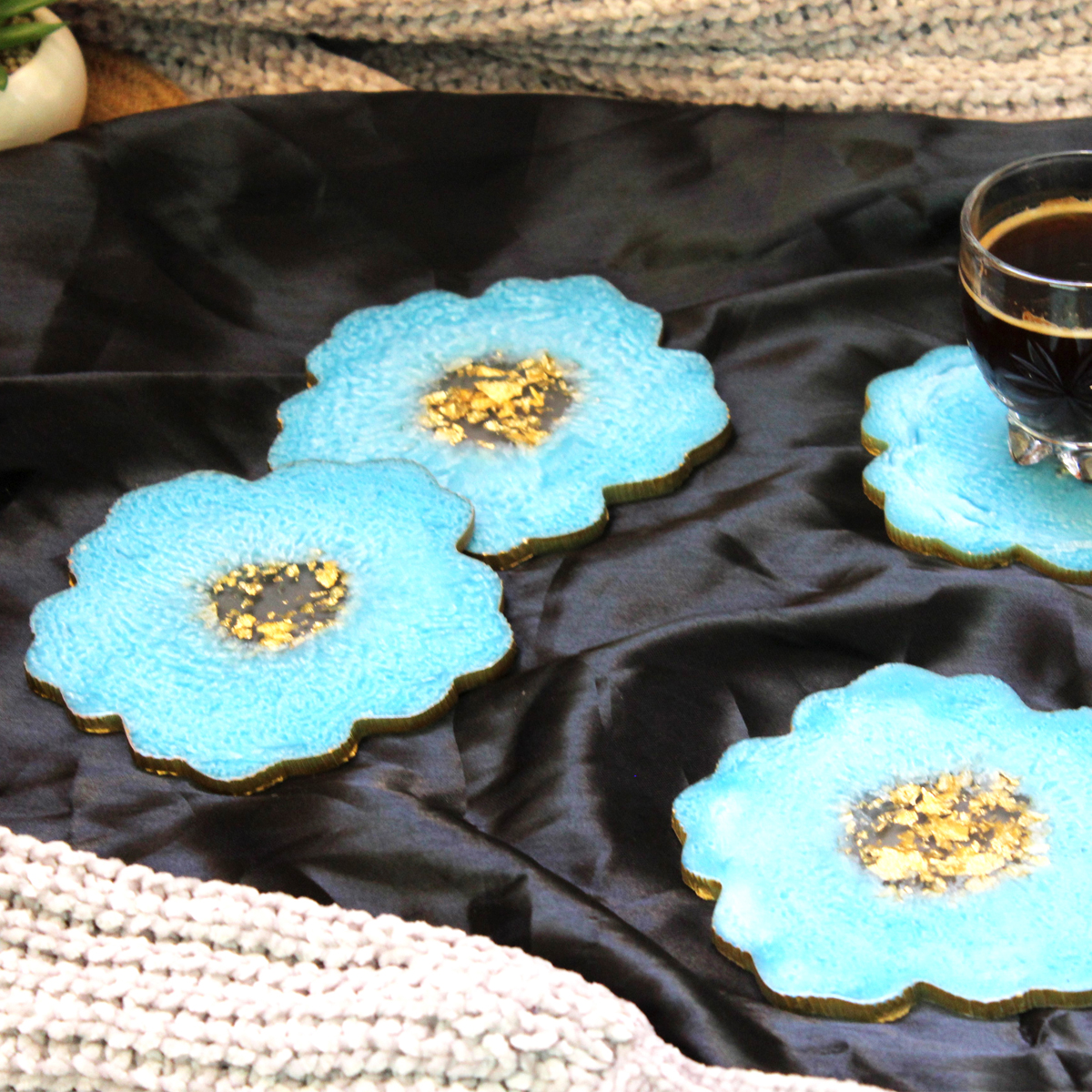 Baby Sky Blue & Gold Flower Shaped Coasters (Set of 2)