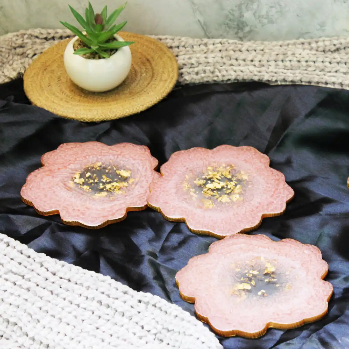 Blossom Pink & Gold Flower Shaped Coasters (Set of 2)