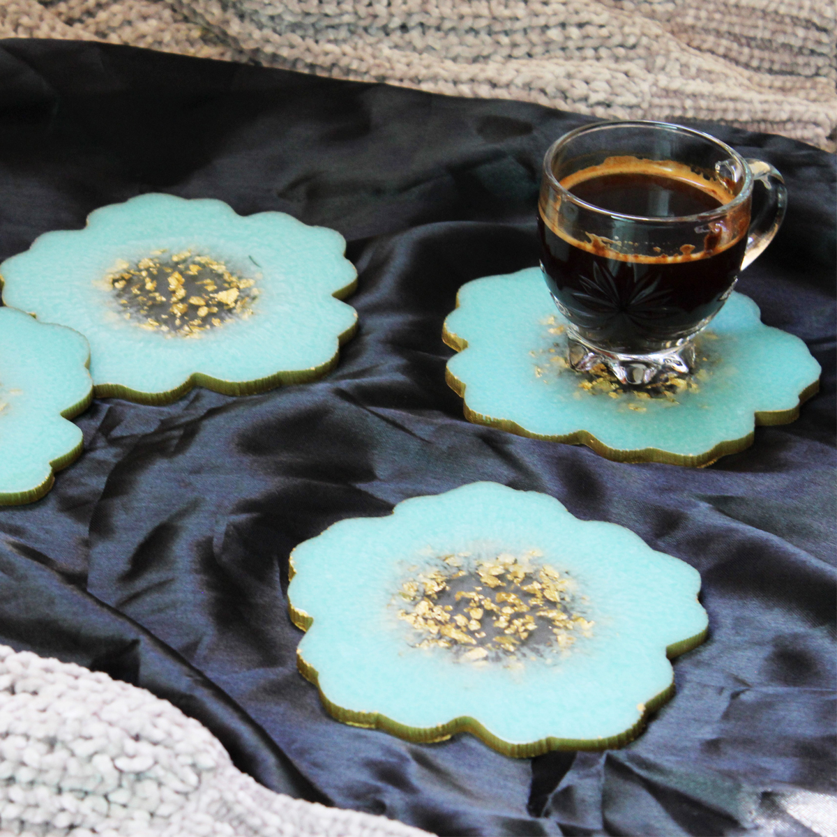 Aquamarine & Gold Flower Shaped Coasters